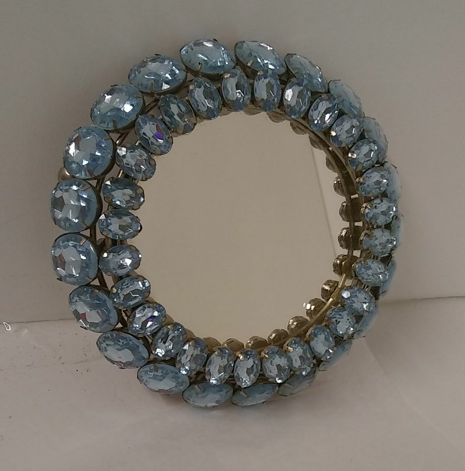 Round Mirror W/Framed Aquamarine Blue Topaz Oval Rhinestone Womens Hand 5" RARE!