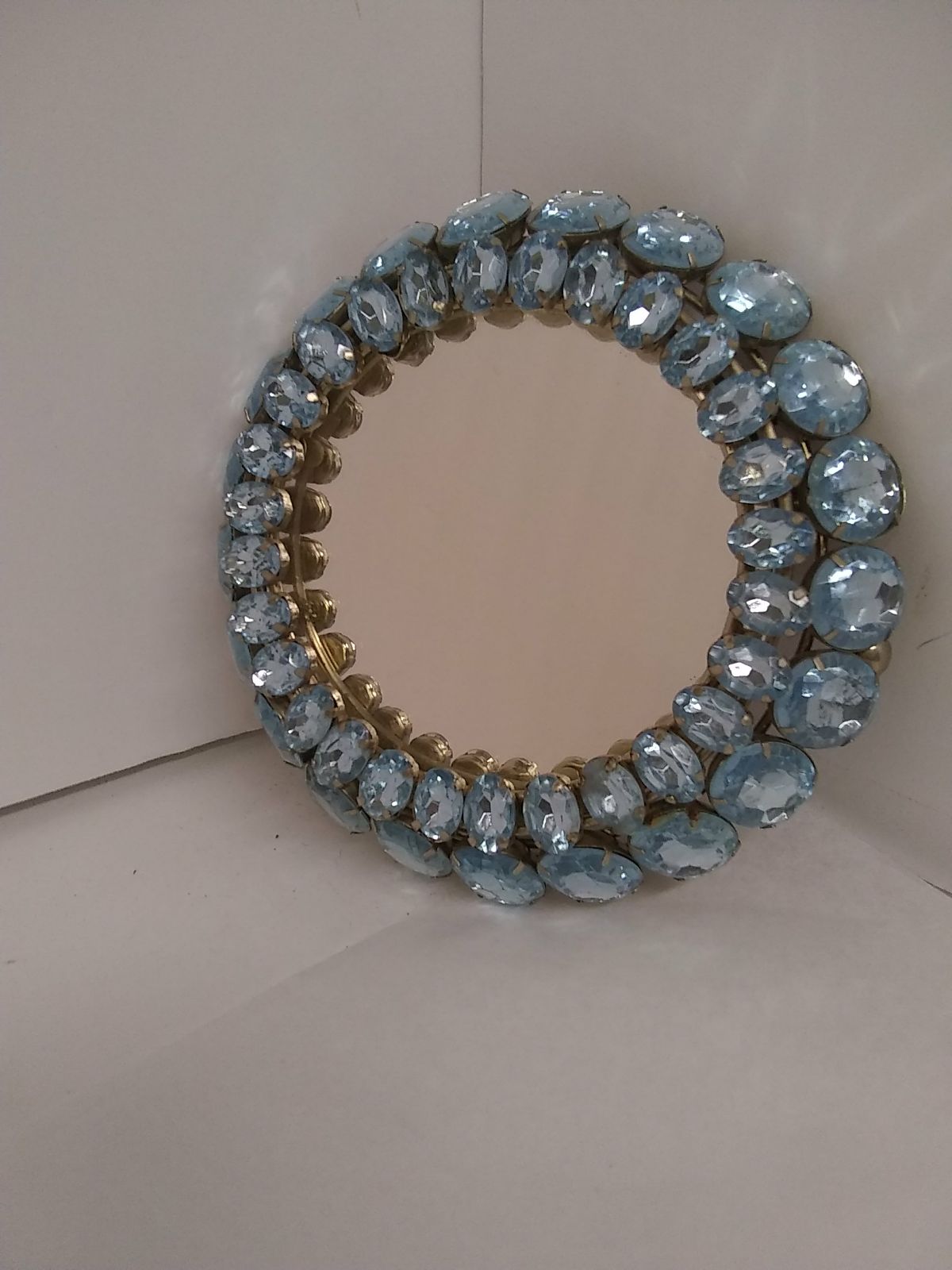 Round Mirror W/Framed Aquamarine Blue Topaz Oval Rhinestone Womens Hand 5" RARE! - Image 2