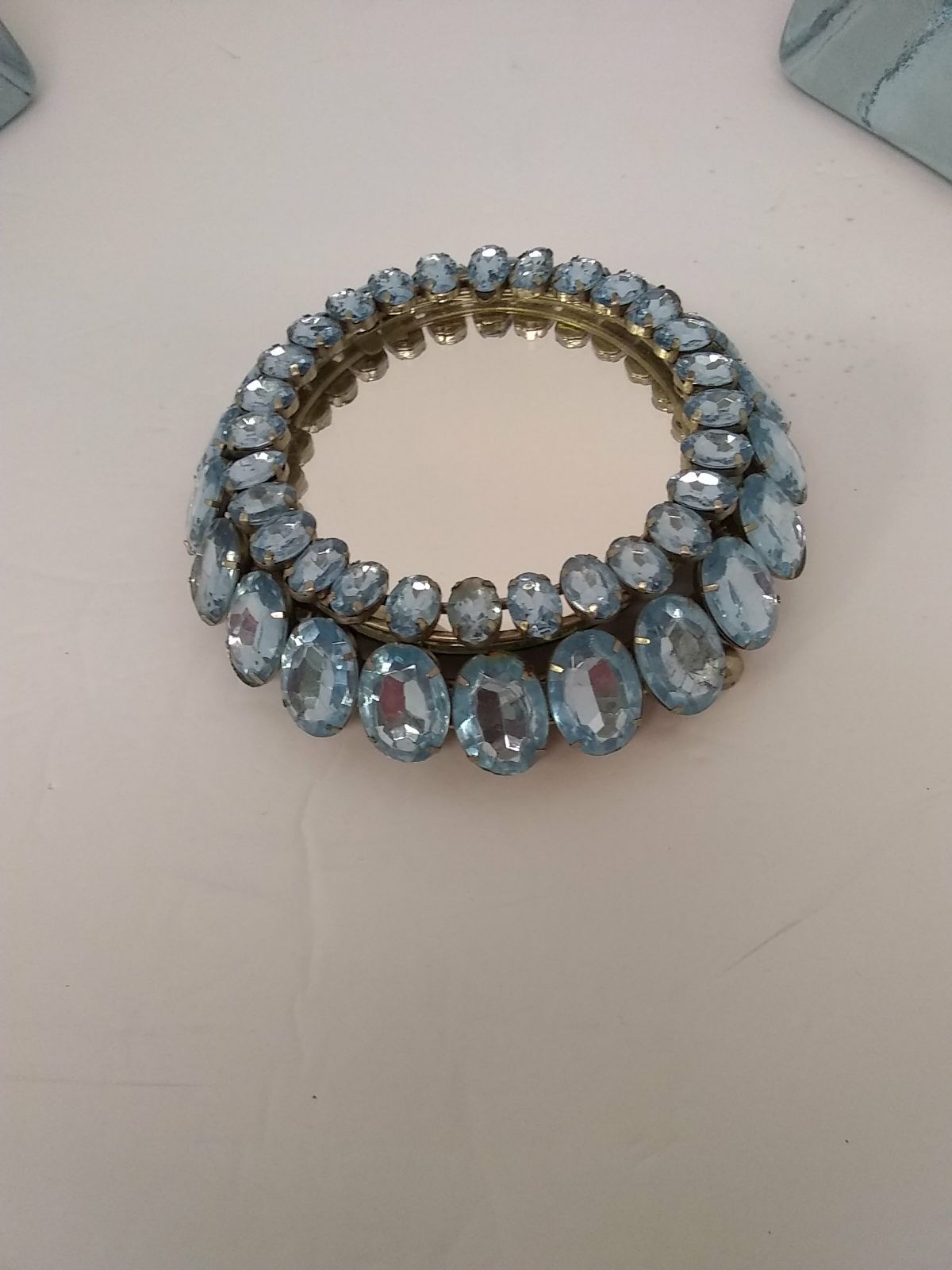 Round Mirror W/Framed Aquamarine Blue Topaz Oval Rhinestone Womens Hand 5" RARE! - Image 4