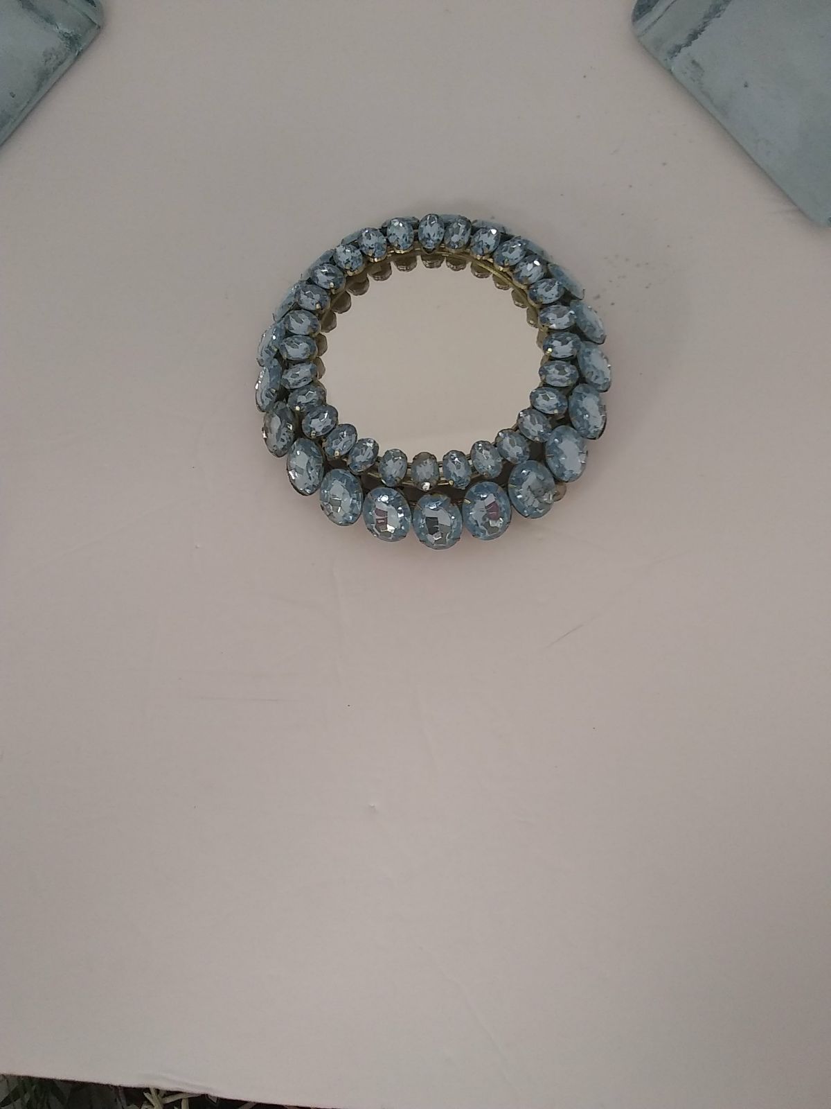 Round Mirror W/Framed Aquamarine Blue Topaz Oval Rhinestone Womens Hand 5" RARE! - Image 6