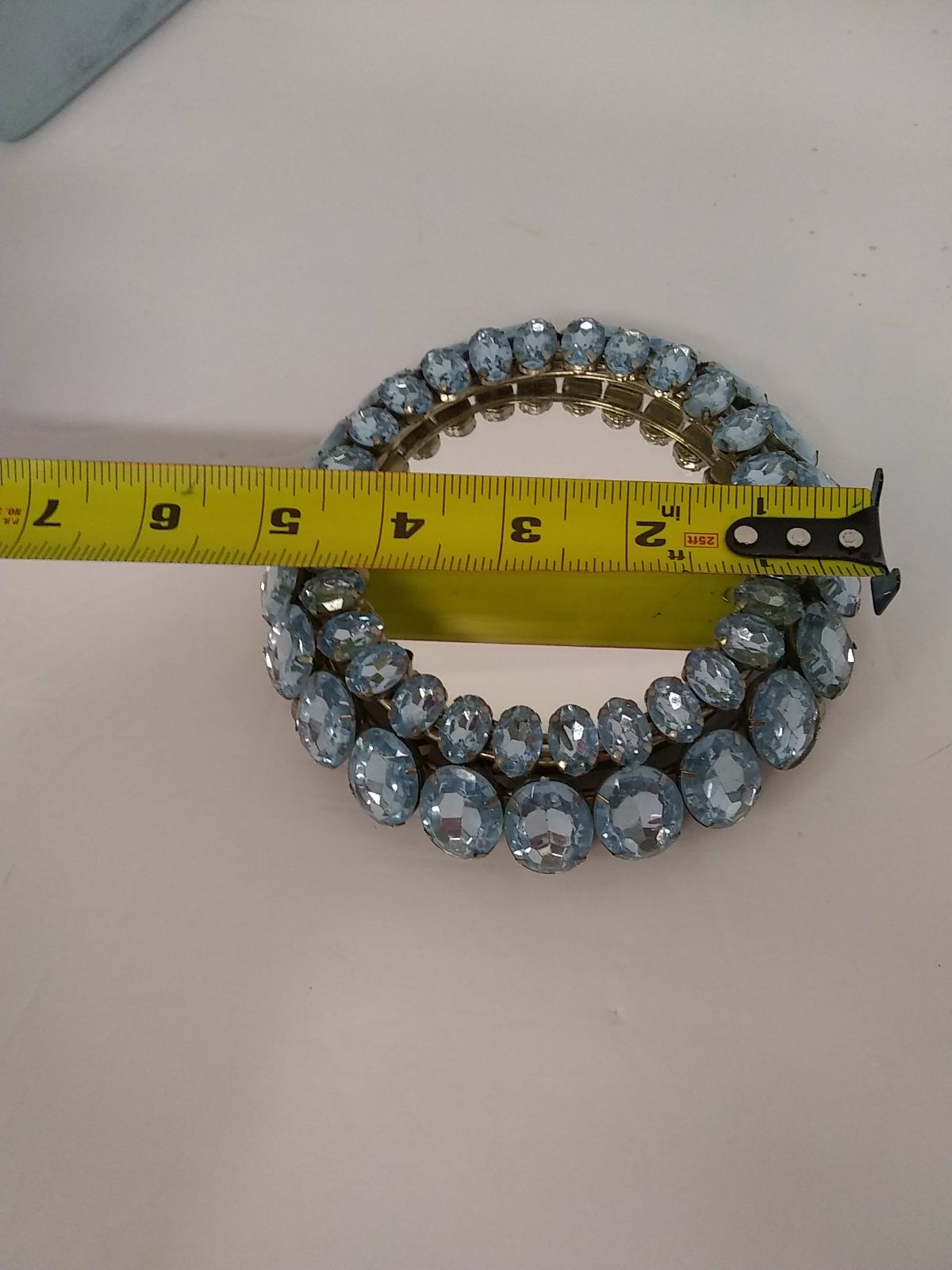 Round Mirror W/Framed Aquamarine Blue Topaz Oval Rhinestone Womens Hand 5" RARE! - Image 7