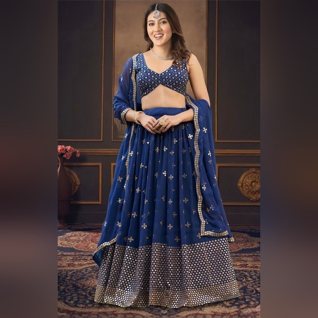 Dark Blue Embroidered Georgette Lehenga Choli Set