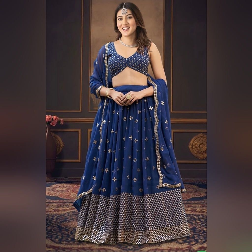 Dark Blue Embroidered Georgette Lehenga Choli Set - Image 2