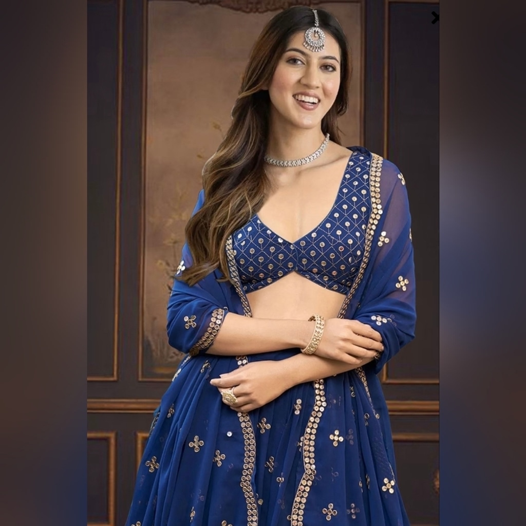 Dark Blue Embroidered Georgette Lehenga Choli Set - Image 3