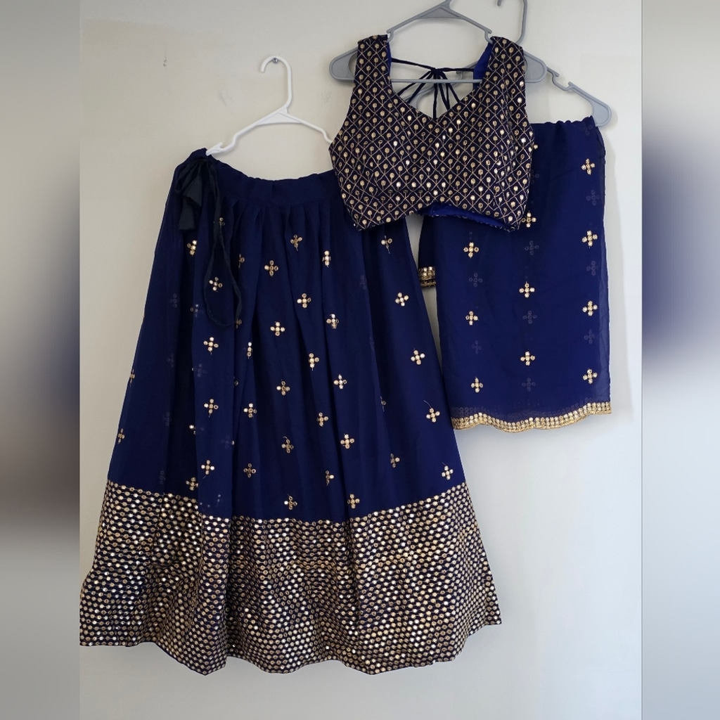 Dark Blue Embroidered Georgette Lehenga Choli Set - Image 4