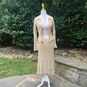 70s cream crochet skirt and cardigan set